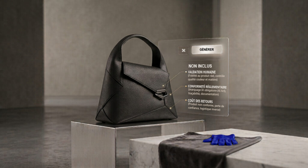 Sac de luxe en cuir noir et interface « 3€ / générer » listant ce qu'une photo produit IA à bas prix n'inclut
pas (visuel généré).