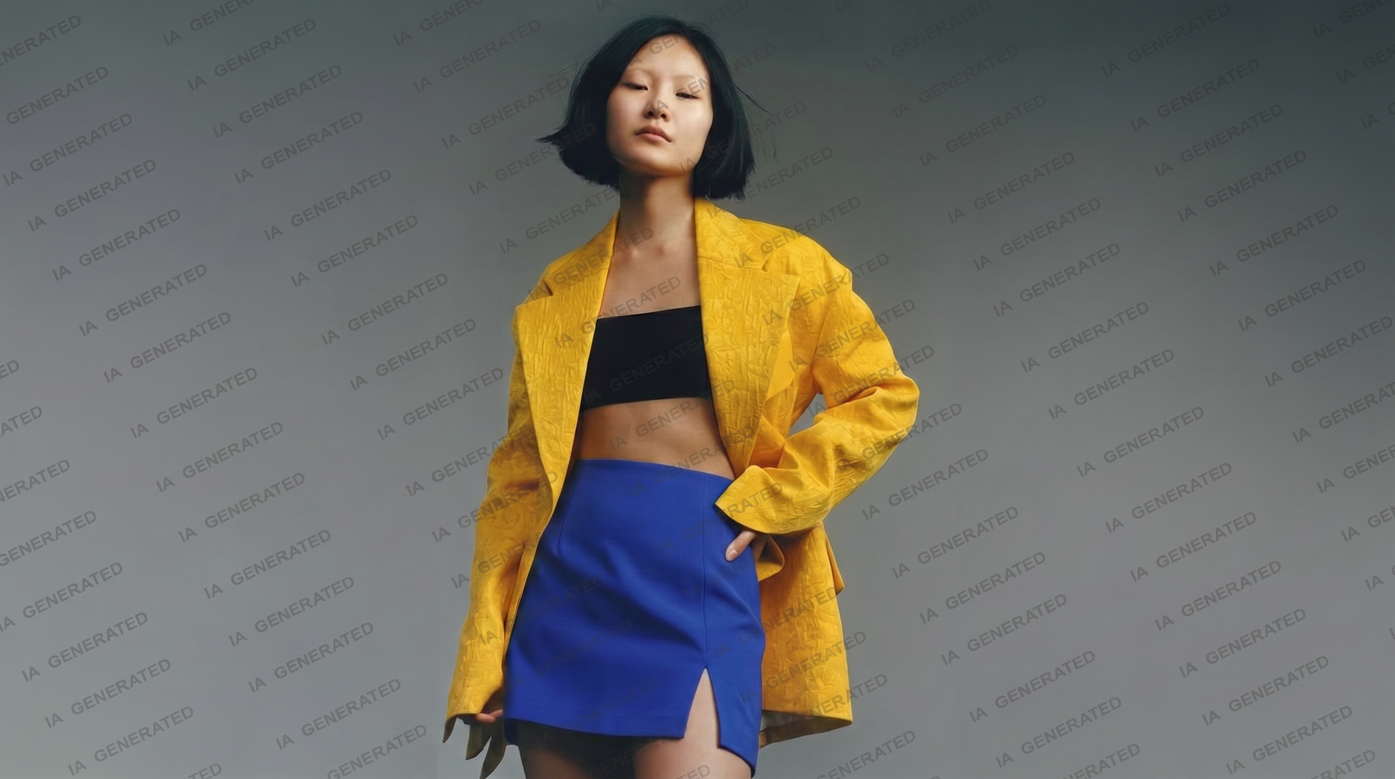 Mannequin en veste jaune et jupe bleue, visuel de mode généré par IA illustrant le marquage des visuels IA