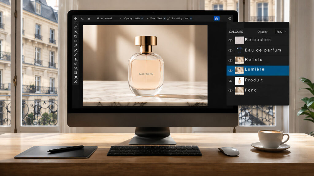 Panneau de calques nommés au-dessus d’un visuel de flacon de parfum, illustrant les calques éditables de Seedream 5.0 Pro (visuel généré par IA).