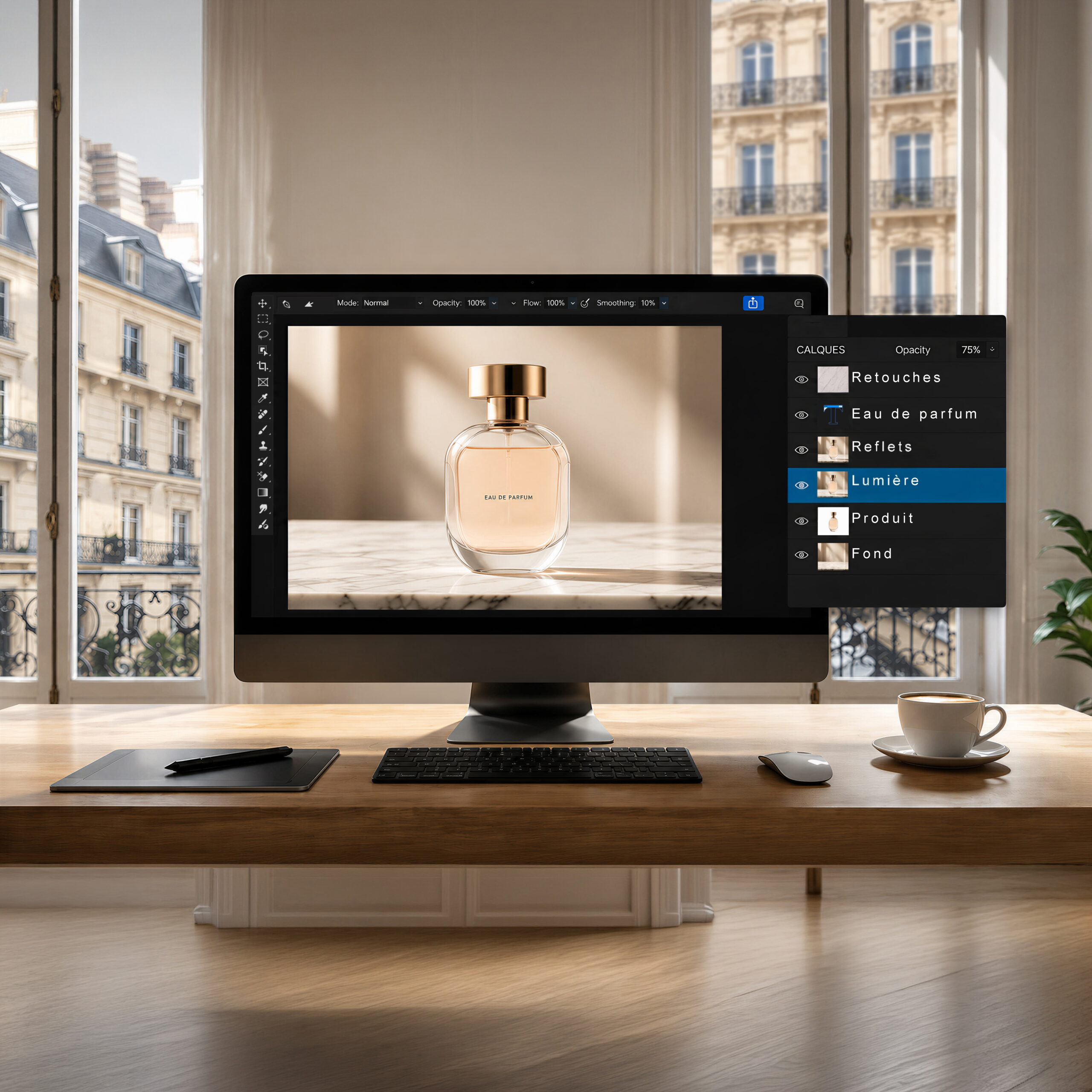 Calques éditables de Seedream 5.0 Pro affichés à côté d’un visuel de flacon de parfum sur un poste de retouche (visuel généré par IA).