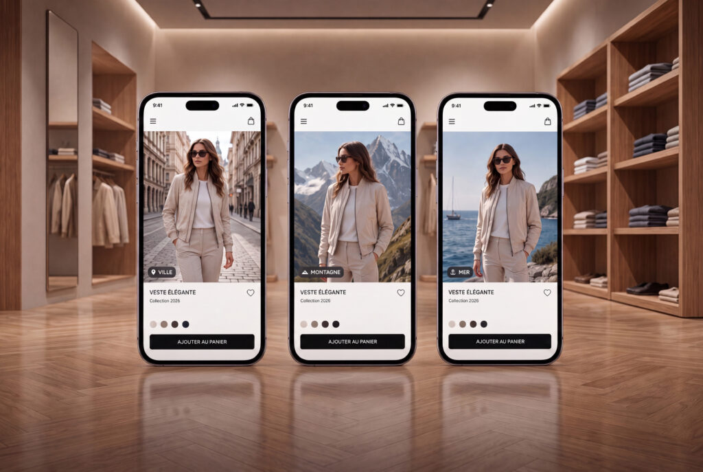 Fiche produit e-commerce affichée sur trois smartphones, la même veste beige mise en situation en ville, à la montagne et en bord de mer. Visuel généré par IA.