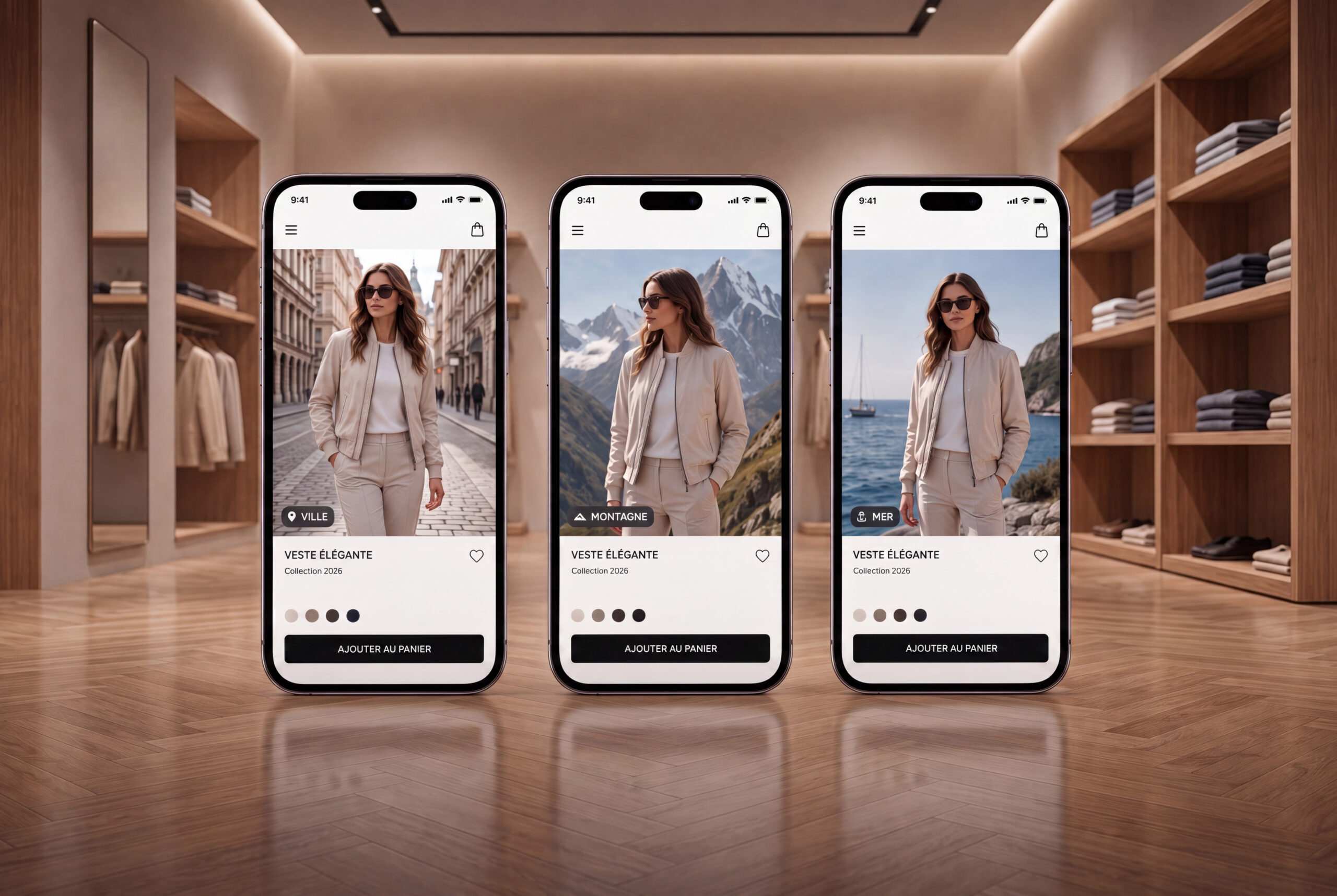 Fiche produit e-commerce affichée sur trois smartphones, la même veste beige mise en situation en ville, à la montagne et en bord de mer. Visuel généré par IA.