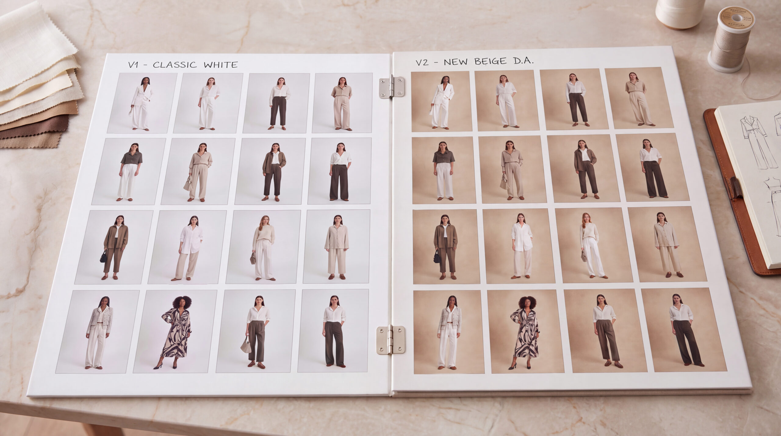 Catalogue mode décliné sur fond blanc puis beige après un changement de directeur artistique. Visuel généré par IA.
