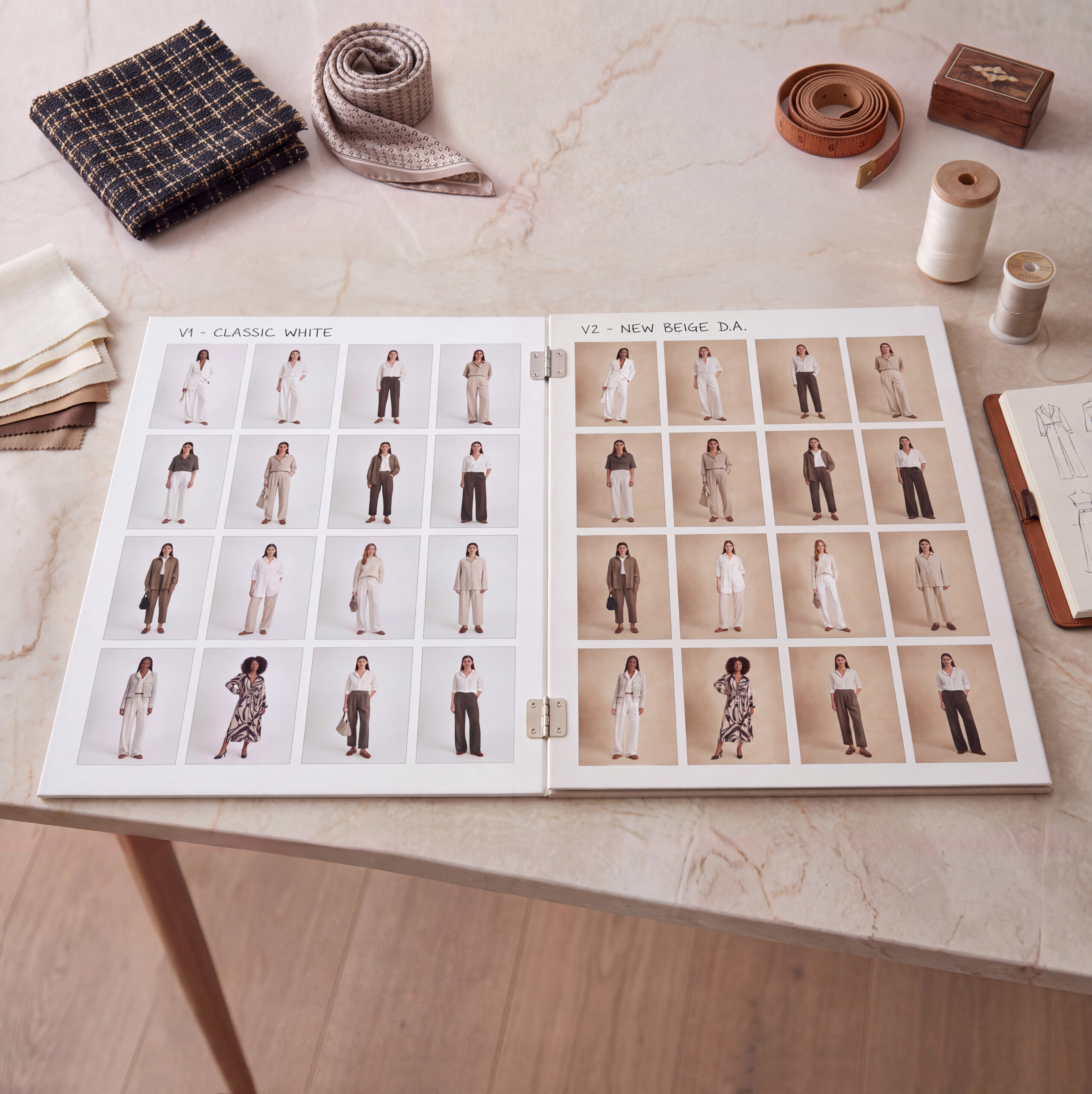 Catalogue mode décliné sur fond blanc puis beige après un changement de directeur artistique. Visuel généré par IA.