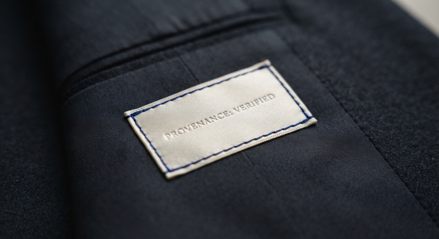 Étiquette de tissu cousue dans la doublure d’une veste bleu marine, portant la mention PROVENANCE: VERIFIED. Visuel généré par IA.